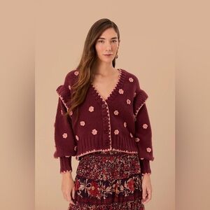 NWOT Farm Rio Burgundy Crochet Flowers Knit Cardigan S
